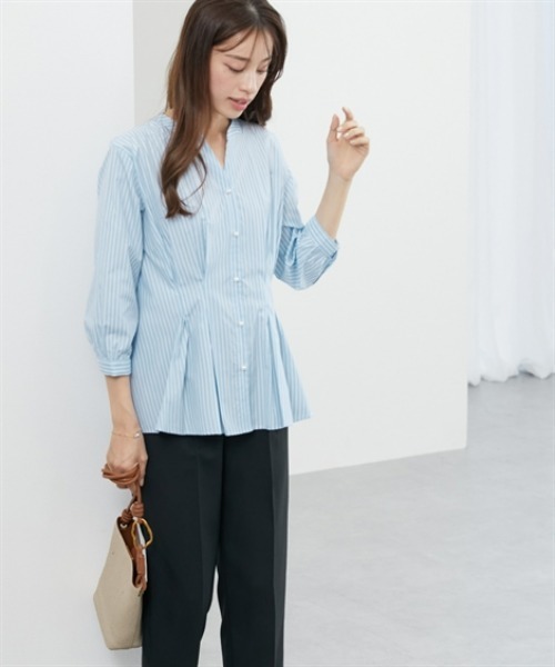 パールボタン　タックペプラムブラウス セール】パールボタンタックギャザーペプラムブラウス（シャツ