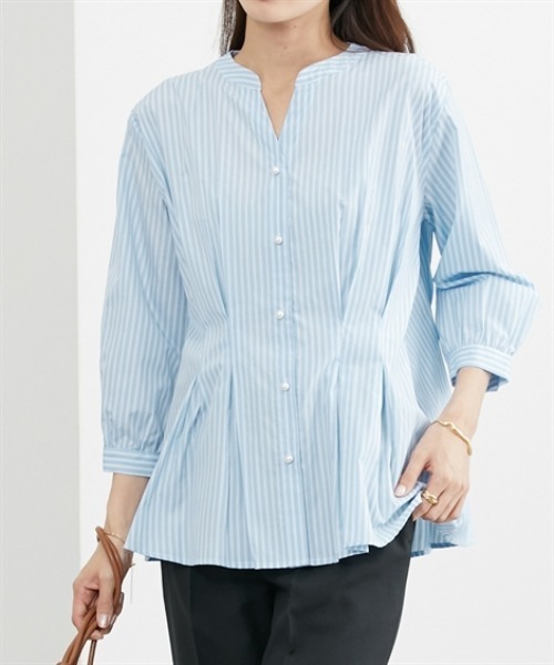 7days Life Styling(セブンデイズライフスタイリング)の「パール調ボタンタックペプラムシャツ(シャツ/ブラウス・レディース・ブルー系/ホワイト系・S/M/L/LL/3L)」の3枚目の写真