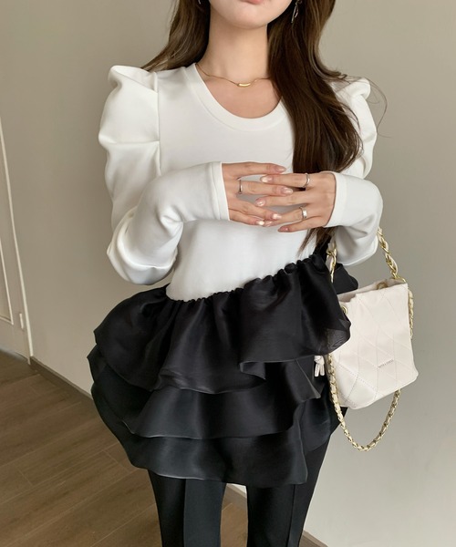 【美品】  HAENGNAE / ヘンネ | SHUMAI BALOON TOP フリル ギャザー 異素材ドッキング ノースリーブ トップス | F | ブラック | レディース 美品】 HAENGNAE / ヘンネ | SHUMAI BALOON TOP フリル ギャザー