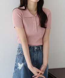 半袖ポロリブニット