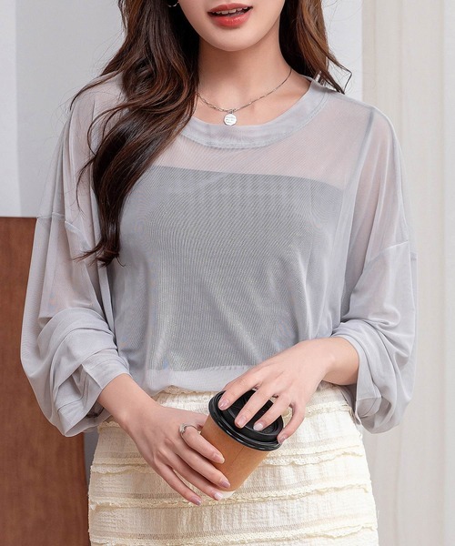DAY CLOSET(デイ クローゼット)の「レディース 大人のこなれ感。オーバーサイズシアーメッシュトップス(シャツ/ブラウス・レディース・アイボリー/ピンク/グレー/ブラック・FREE)」の3枚目の写真