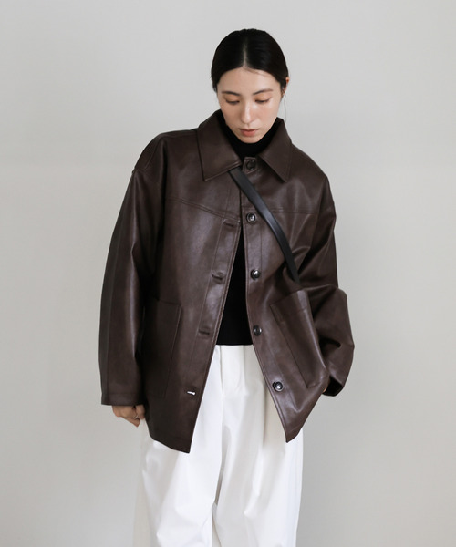 ステンカラーフェイクレザーブルゾン0 ブラックオンライン完売 セール】ステンカラーフェイクレザージャケット（ステンカラーコート