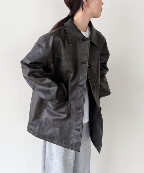 セール】ステンカラーフェイクレザージャケット（ステンカラーコート