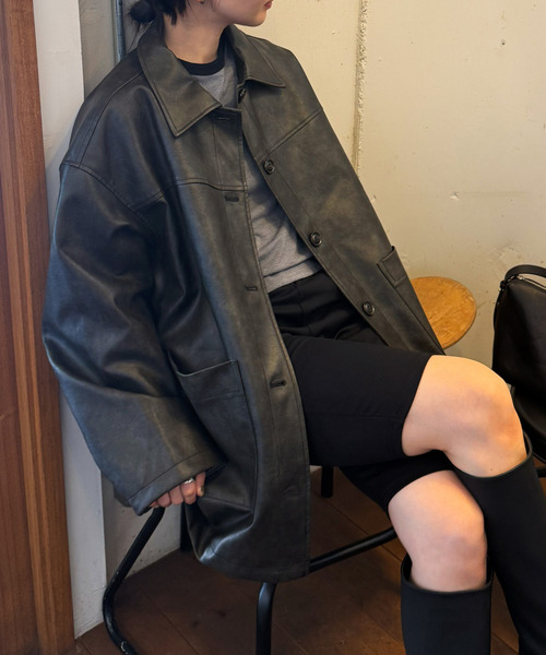 セール】ステンカラーフェイクレザージャケット（ステンカラーコート