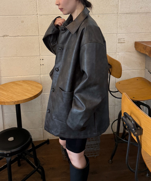セール】ステンカラーフェイクレザージャケット（ステンカラーコート