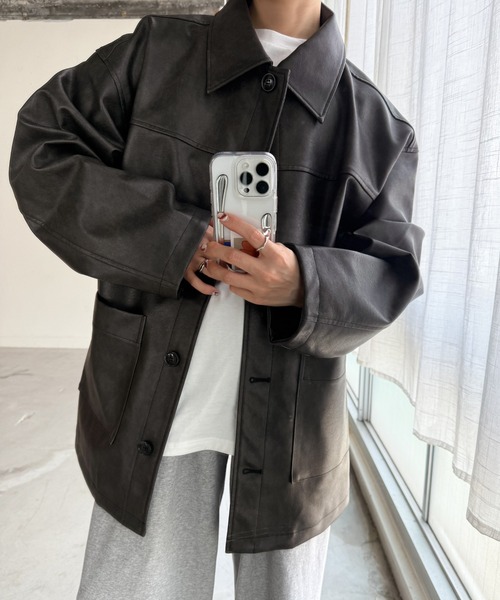 ステンカラーフェイクレザージャケット（ステンカラーコート