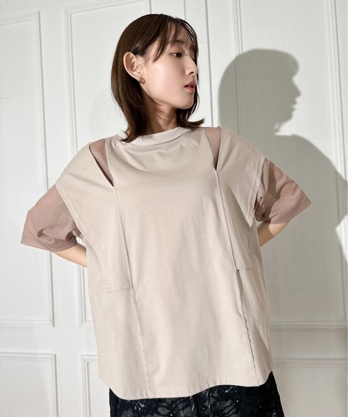 FLUMOR（フラマー）の「ニットオーガン切替デザインTシャツ（Tシャツ/カットソー・レディース・ベージュ/ブラック・38）」の2枚目の写真