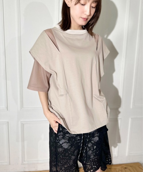 FLUMOR（フラマー）の「ニットオーガン切替デザインTシャツ（Tシャツ/カットソー・レディース・ベージュ/ブラック・38）」の7枚目の写真
