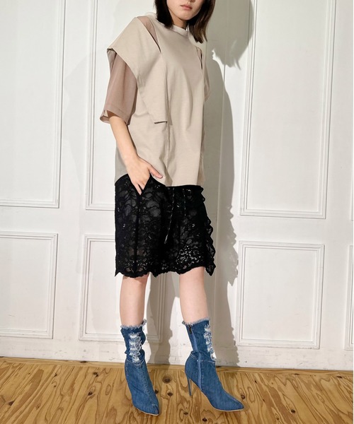 FLUMOR（フラマー）の「ニットオーガン切替デザインTシャツ（Tシャツ/カットソー・レディース・ベージュ/ブラック・38）」の9枚目の写真