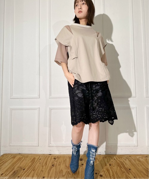 FLUMOR  フラマー　デザインTシャツ セール】ニットオーガン切替デザインTシャツ（Tシャツ