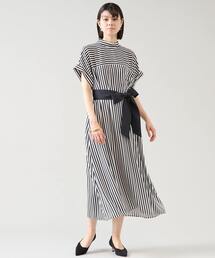 ストライププリントバイカラーベルトワンピース