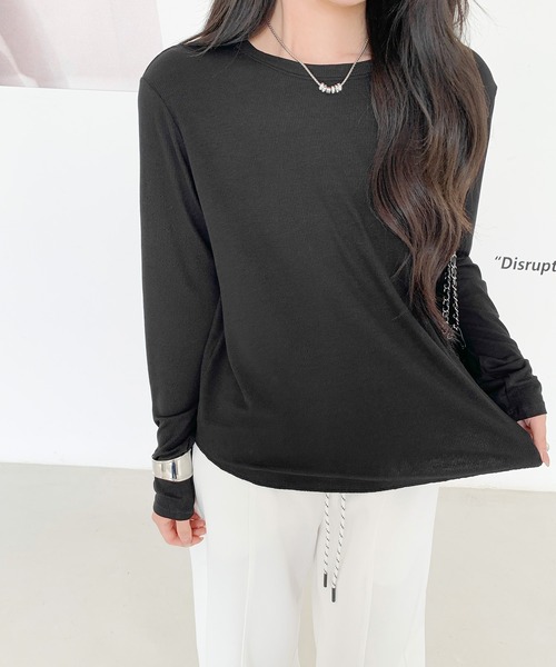 by LEGNA(バイレグナ)の「ラウンドヘム カットソー|長め丈 薄手ストレッチ(Tシャツ/カットソー・レディース・オフホワイト/杢グレー/チャコール/ライトイエロー/ブラック・FREE)」の7枚目の写真