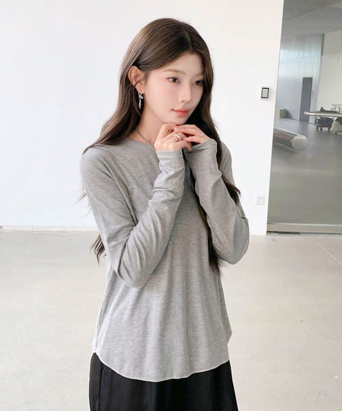 by LEGNA(バイレグナ)の「ラウンドヘム カットソー|長め丈 薄手ストレッチ(Tシャツ/カットソー・レディース・オフホワイト/杢グレー/チャコール/ライトイエロー/ブラック・FREE)」の10枚目の写真