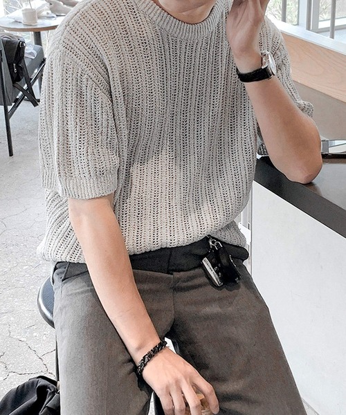 JOHNNY WOLF（ジョニーウルフ）の「FREESIA シアーリブ リラックスフィット 半袖 サマーニット（Tシャツ/カットソー・メンズ・ブラック/グレー・L/M）」の10枚目の写真