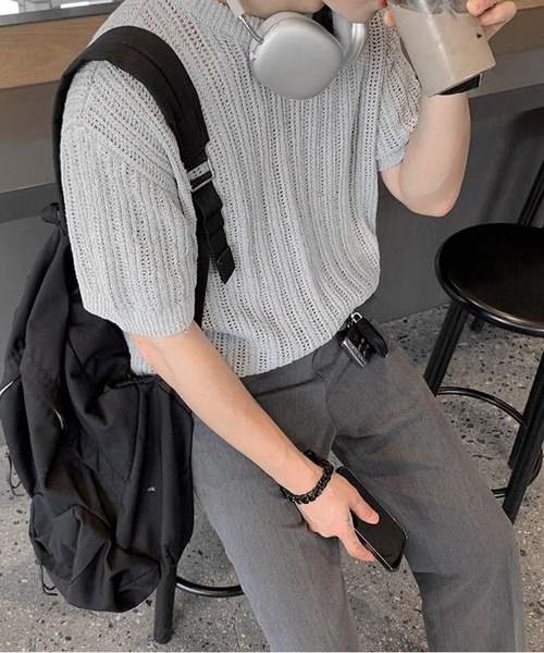 JOHNNY WOLF（ジョニーウルフ）の「FREESIA シアーリブ リラックスフィット 半袖 サマーニット（Tシャツ/カットソー・メンズ・ブラック/グレー・L/M）」の11枚目の写真
