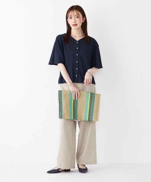 SHIPS Colors(シップス カラーズ)の「SHIPS Colors:〈手洗い可能〉リネンライク フレアスリーブ トップス(Tシャツ/カットソー・レディース・カーキ/ネイビー・ONE SIZE)」の20枚目の写真