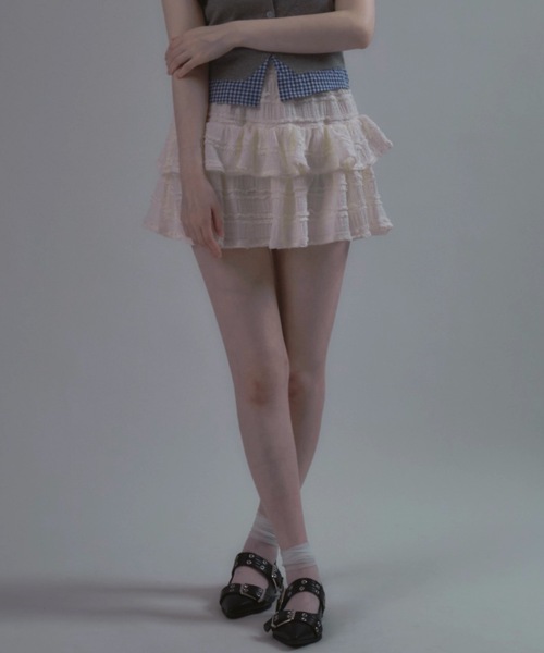 tinkerend(ティンカーエンド)の「Frilled Tiered Mini Skirt / ティアードフリルミニスカート バレエコア フリルレース(スカート・レディース・アイボリー/ホワイト/ブラック・FREE)」の2枚目の写真