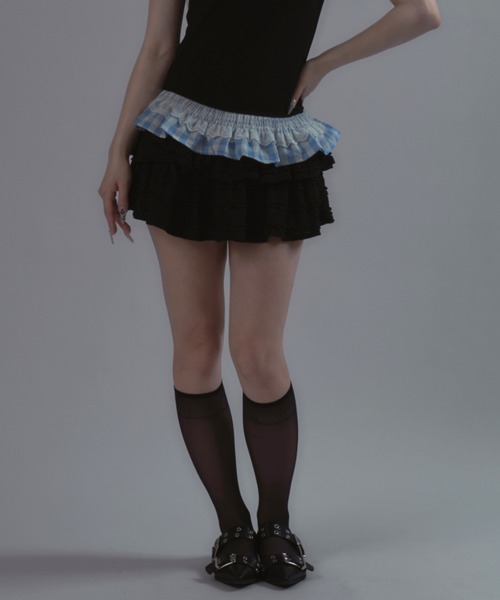 tinkerend(ティンカーエンド)の「Frilled Tiered Mini Skirt / ティアードフリルミニスカート バレエコア フリルレース(スカート・レディース・アイボリー/ホワイト/ブラック・FREE)」の3枚目の写真