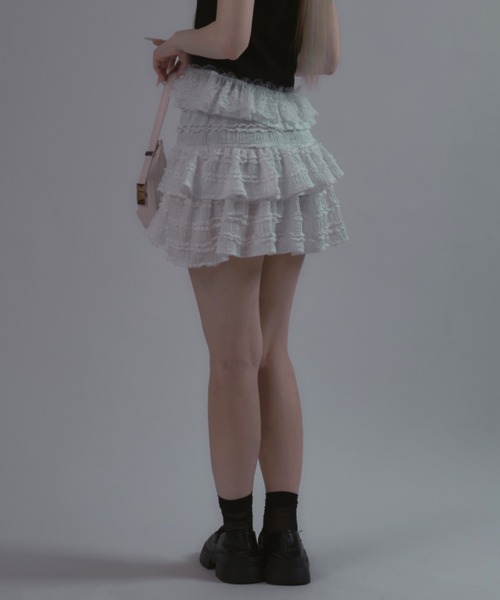 tinkerend(ティンカーエンド)の「Frilled Tiered Mini Skirt / ティアードフリルミニスカート バレエコア フリルレース(スカート・レディース・アイボリー/ホワイト/ブラック・FREE)」の8枚目の写真