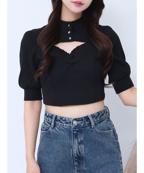 tシャツ ビジューボタンデコルテリブTOP レディース セール】ビジューボタンデコルテリブTOP（Tシャツ/カットソー