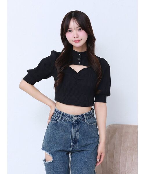 EATME ビジューボタンデコルテリブTOP ビジューボタンデコルテリブTOP（Tシャツ/カットソー）｜EATME