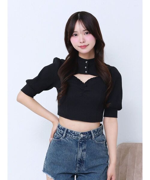 EATME ビジューボタンデコルテリブTOP セール】ビジューボタンデコルテリブTOP（Tシャツ/カットソー）｜EATME