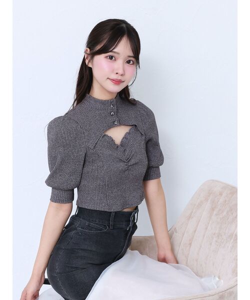 tシャツ ビジューボタンデコルテリブTOP レディース セール】ビジューボタンデコルテリブTOP（Tシャツ/カットソー