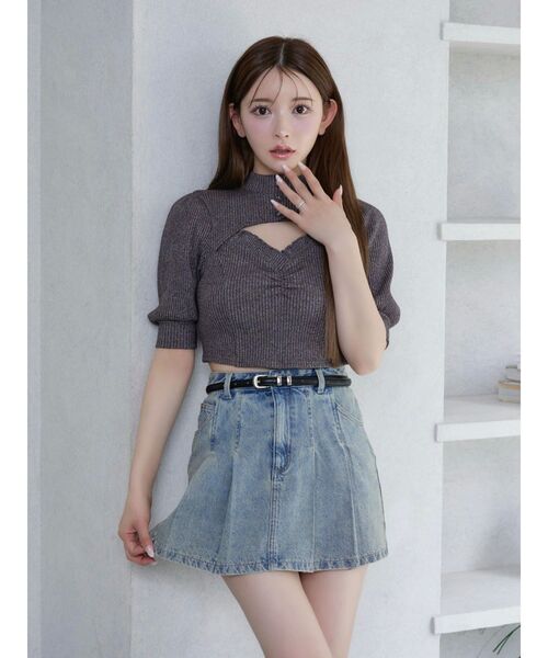 tシャツ ビジューボタンデコルテリブTOP レディース セール】ビジューボタンデコルテリブTOP（Tシャツ/カットソー
