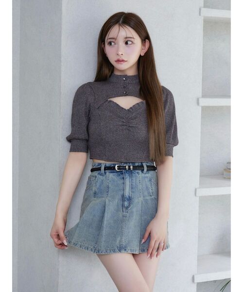 tシャツ ビジューボタンデコルテリブTOP レディース セール】ビジューボタンデコルテリブTOP（Tシャツ/カットソー