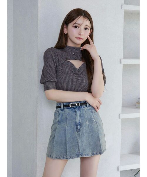 セール】ビジューボタンデコルテリブTOP（Tシャツ/カットソー