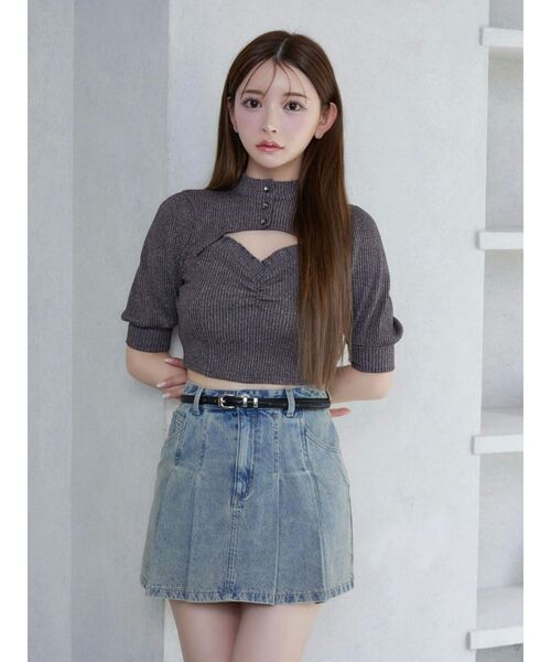 tシャツ ビジューボタンデコルテリブTOP レディース セール】ビジューボタンデコルテリブTOP（Tシャツ/カットソー