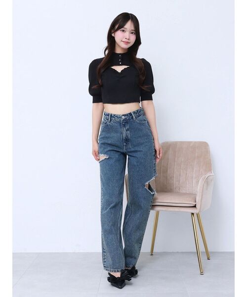 tシャツ ビジューボタンデコルテリブTOP レディース EATME（イートミー）の「ビジューボタンデコルテリブTOP（T