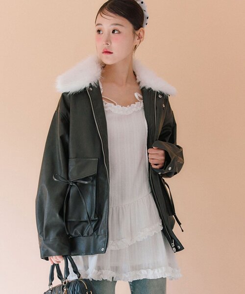 セール】【ファー取り外し可能】ファーティペットエコレザーブルゾン