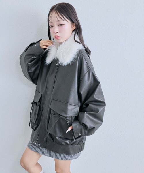 OLIVE des OLIVE ファーティペットエコレザーブルゾン ブラック ファーティペットエコレザーブルゾン | OLIVE des OLIVE