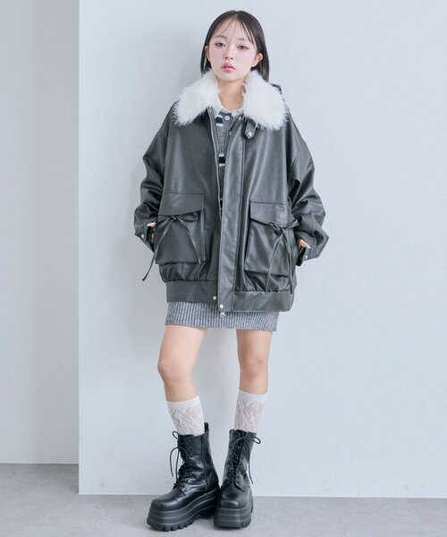 OLIVE des OLIVE(オリーブデオリーブ)の「【ファー取り外し可能】ファーティペットエコレザーブルゾン(ライダースジャケット・レディース・ブラック/ブラウン/アイボリー・FREE)」の16枚目の写真