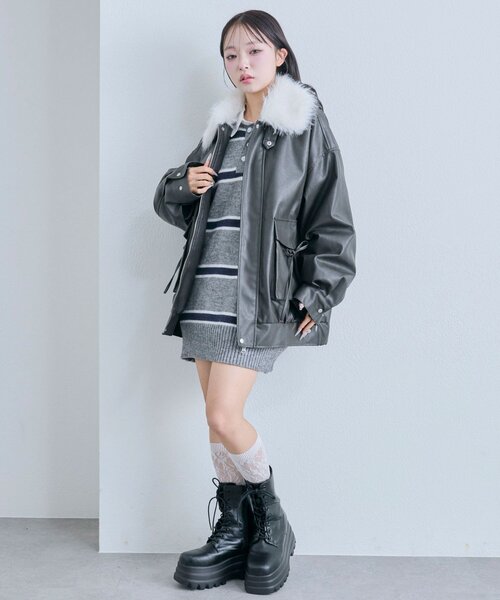 セール】【ファー取り外し可能】ファーティペットエコレザーブルゾン