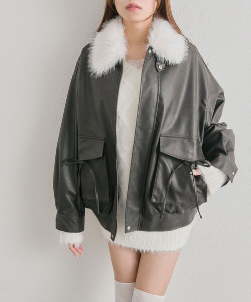 OLIVE des OLIVE(オリーブデオリーブ)の「【ファー取り外し可能】ファーティペットエコレザーブルゾン(ライダースジャケット・レディース・ブラック/ブラウン/アイボリー・FREE)」の19枚目の写真