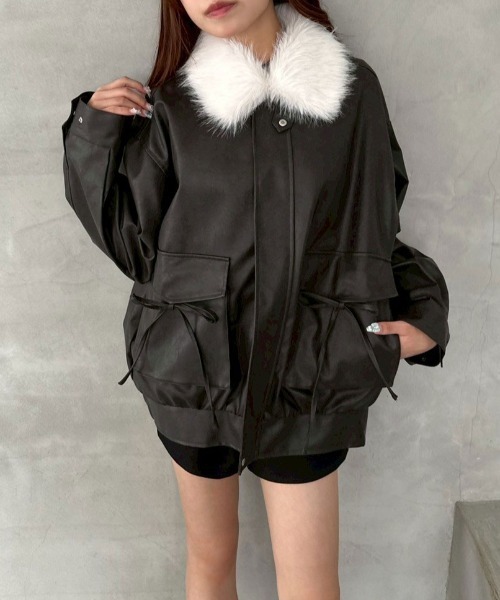 OLIVE des OLIVE ファーティペットエコレザーブルゾン ブラック セール】ファーティペットエコレザーブルゾン（ライダース