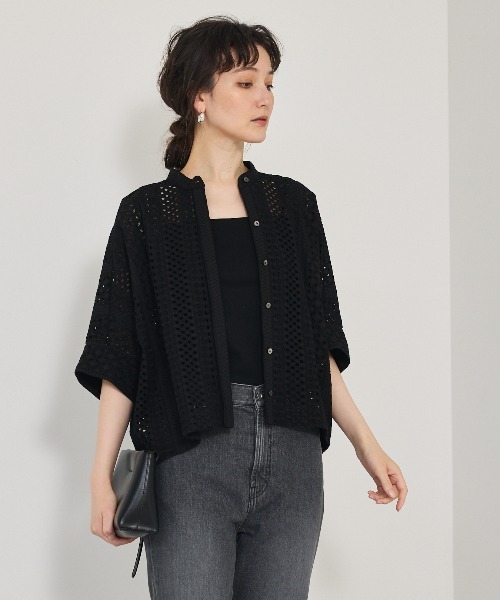 qualite（カリテ）の「レースハーフスリーブシャツ/夏服/オフィスカジュアル（シャツ/ブラウス・レディース・ブラック/オフホワイト・フリー）」の5枚目の写真