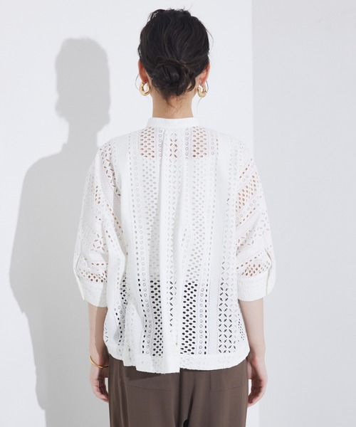 qualite（カリテ）の「レースハーフスリーブシャツ/夏服/オフィスカジュアル（シャツ/ブラウス・レディース・ブラック/オフホワイト・フリー）」の7枚目の写真