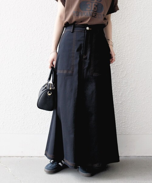 SHIPS any:〈洗濯機可能〉チノ ステッチ フレア ロング スカート