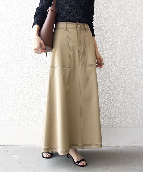 VIVIANO 黒 ロングスカート 【クリーニング済】 SHIPS any スカート any:「洗濯機可能」チノ ステッチ フレア