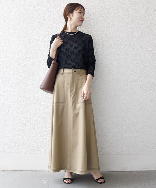 SHIPS any:〈洗濯機可能〉チノ ステッチ フレア ロング スカート