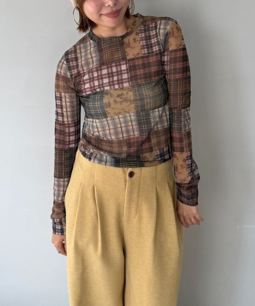 SANSeLF(サンセルフ)の「【SANSeLF】 パッチワークメッシュロンT マルチチェック シースルー saw25a027(その他トップス・レディース・マルチ・FREE)」の3枚目の写真
