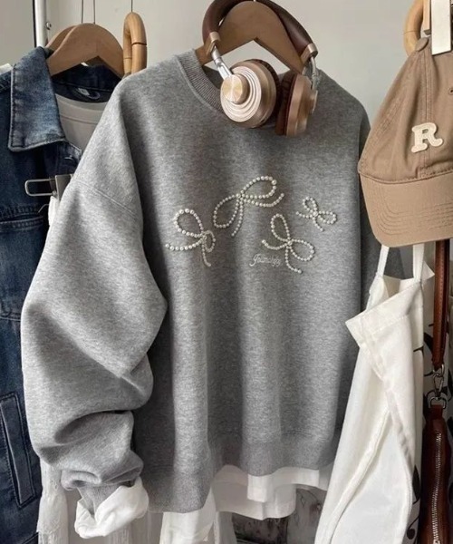 cunii 】 ガーリー パール モチーフ リボン スウェット 秋冬新作