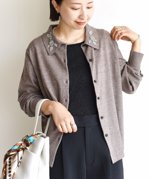 セール】【WEB限定】〈手洗い可能〉ビーズ 刺しゅう 襟付 ニット