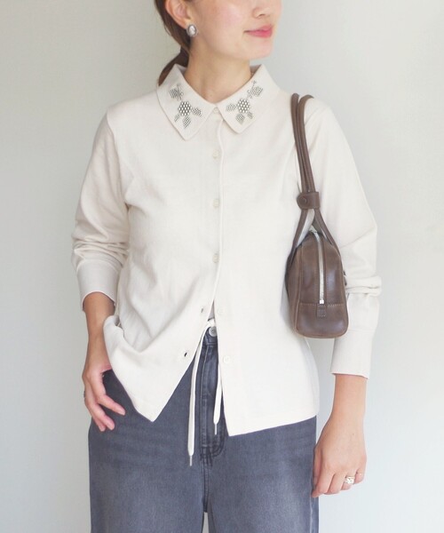 セール】【WEB限定】〈手洗い可能〉ビーズ 刺しゅう 襟付 ニット