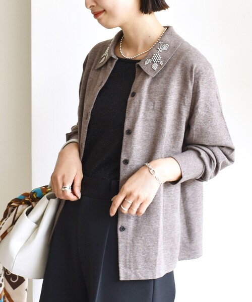 ビーズ刺しゅう カーディガン ファッション ニット セーター PC5659 セール】【WEB限定】〈手洗い可能〉ビーズ 刺しゅう 襟付 ニット