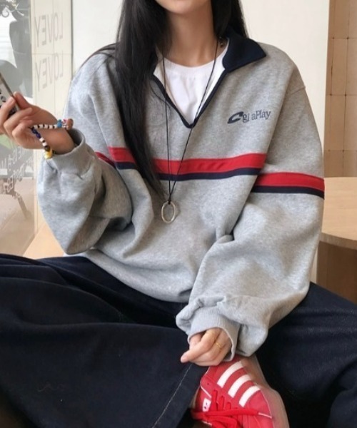 SHEENA(シーナ)の「オーバーサイズポロ襟スキッパートレーナー(スウェット・レディース・グレー・M)」の1枚目の写真
