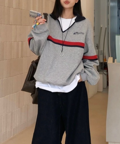 SHEENA(シーナ)の「オーバーサイズポロ襟スキッパートレーナー(スウェット・レディース・グレー・M)」の3枚目の写真